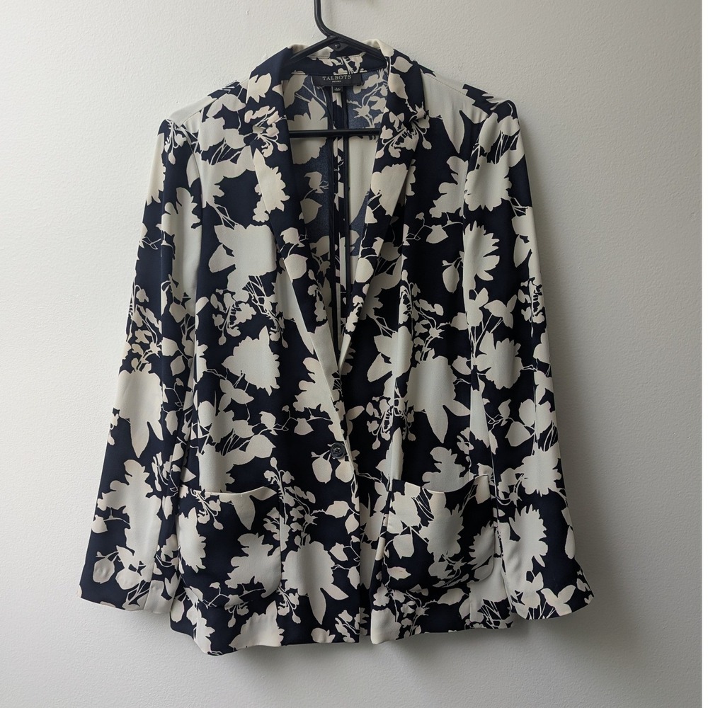 Talbots Blazer Navy Blue Floral Print Single Button Jacket Sz LP Career *READ